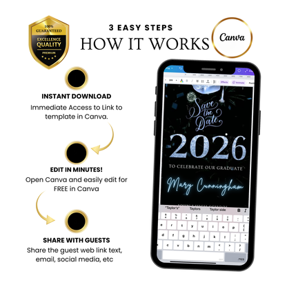 Videoeinladung zur Abschlussfeier 2026 | Digitale blaue Einladung zur Antwort (RSVP) | Bearbeitbare Online-RSVP-Vorlage (Canva)