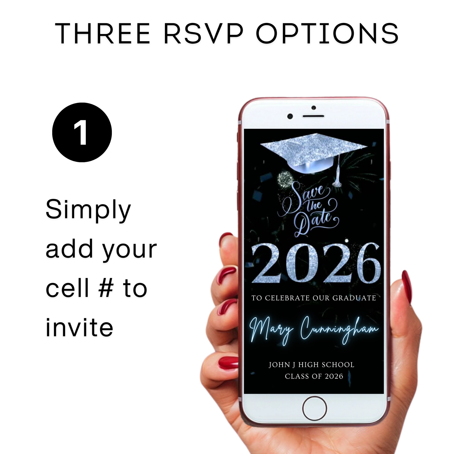 Videoeinladung zur Abschlussfeier 2026 | Digitale blaue Einladung zur Antwort (RSVP) | Bearbeitbare Online-RSVP-Vorlage (Canva)