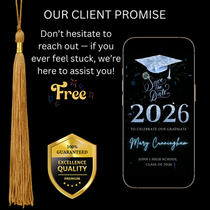 Videoeinladung zur Abschlussfeier 2026 | Digitale blaue Einladung zur Antwort (RSVP) | Bearbeitbare Online-RSVP-Vorlage (Canva)