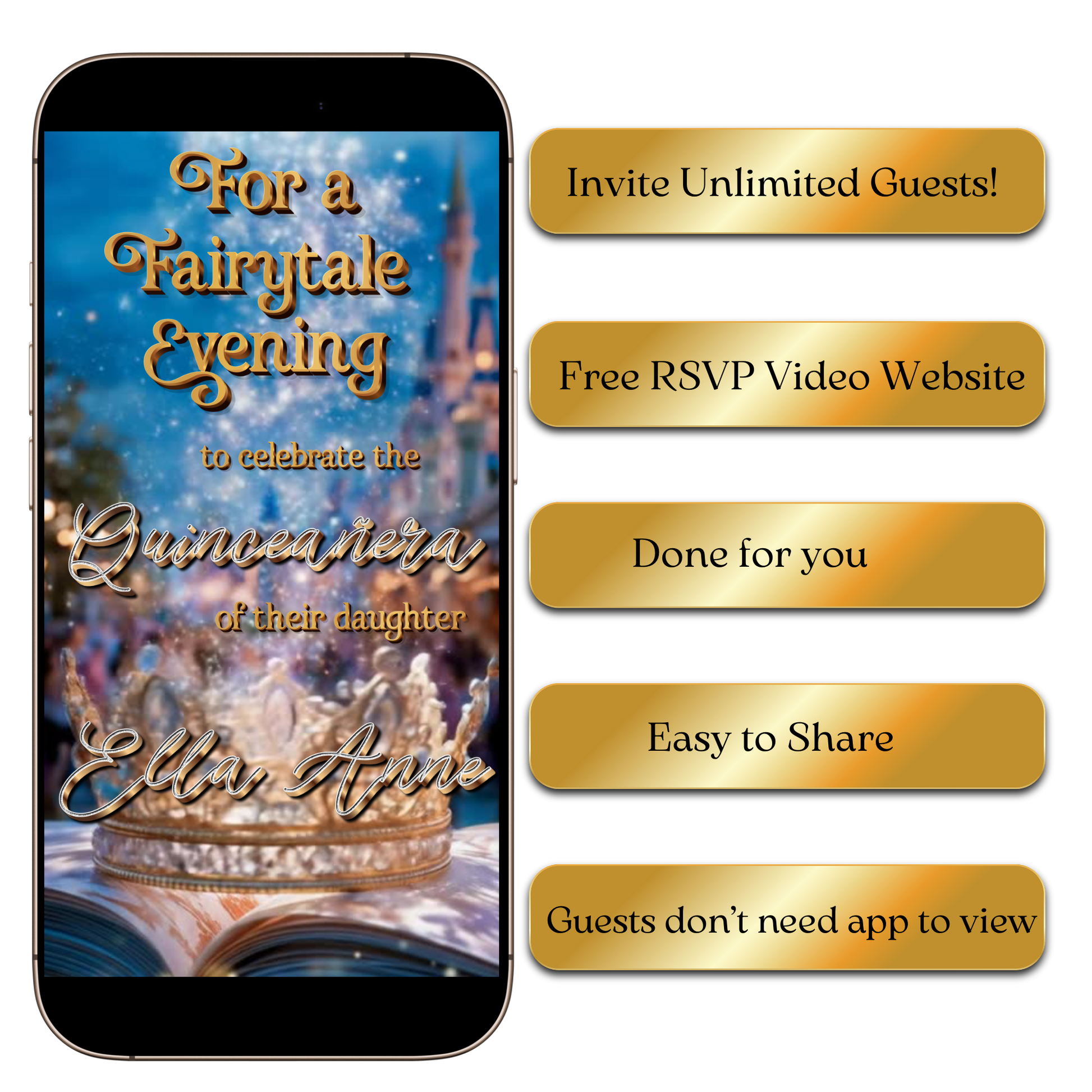 Celebrate in true fairytale style with this Royal Princess Cinderella-Inspired Video Invitation. Featuring a magical castle, golden lettering, and enchanting animations, this digital invite is perfect for Quinceañeras, Sweet 16 parties, weddings, and birthdays. Each invitation is fully personalized with your details, includes music, and is delivered in stunning HD within 24 hours. Share easily via text, email, WhatsApp, or social media for an unforgettable guest experience.