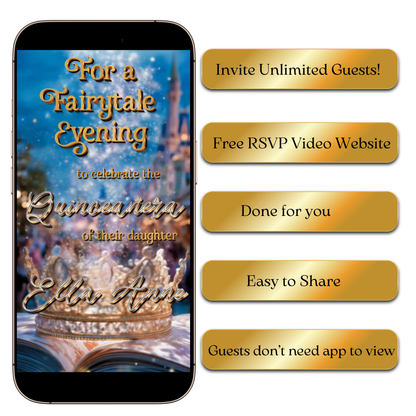 Celebrate in true fairytale style with this Royal Princess Cinderella-Inspired Video Invitation. Featuring a magical castle, golden lettering, and enchanting animations, this digital invite is perfect for Quinceañeras, Sweet 16 parties, weddings, and birthdays. Each invitation is fully personalized with your details, includes music, and is delivered in stunning HD within 24 hours. Share easily via text, email, WhatsApp, or social media for an unforgettable guest experience.