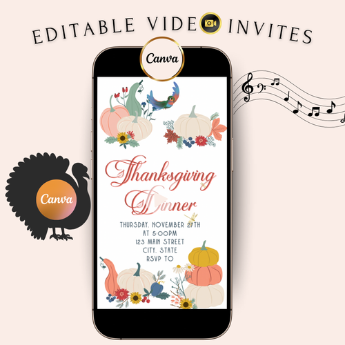 Thanksgiving Video Invitation | Animated Friendsgiving Digital Evite | Editable Canva Invite Template