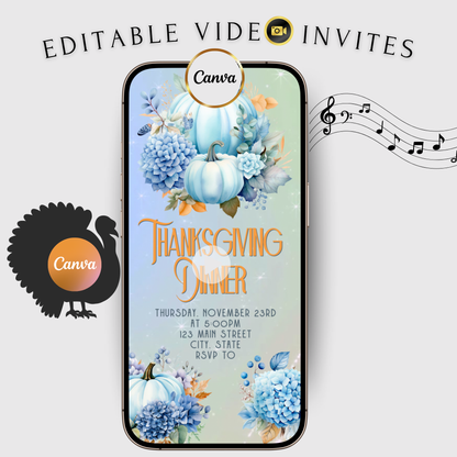 Editable Thanksgiving Video Invitation – Blue Floral Animated Friendsgiving Digital Evite