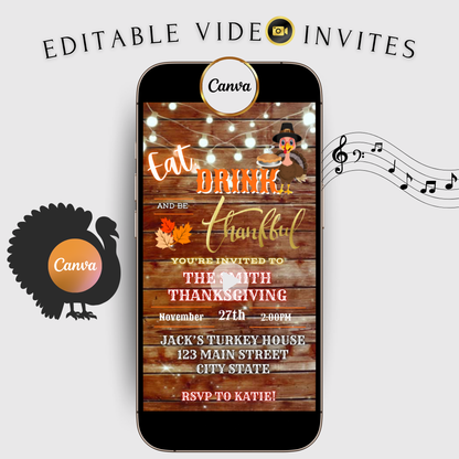 Editable Thanksgiving Video Invitation – Rustic Turkey Friendsgiving Dinner Digital Evite