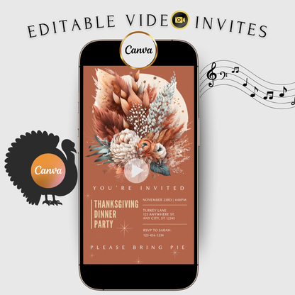 Editable Thanksgiving Video Invitation – Elegant Friendsgiving Dinner Digital Evite with Music