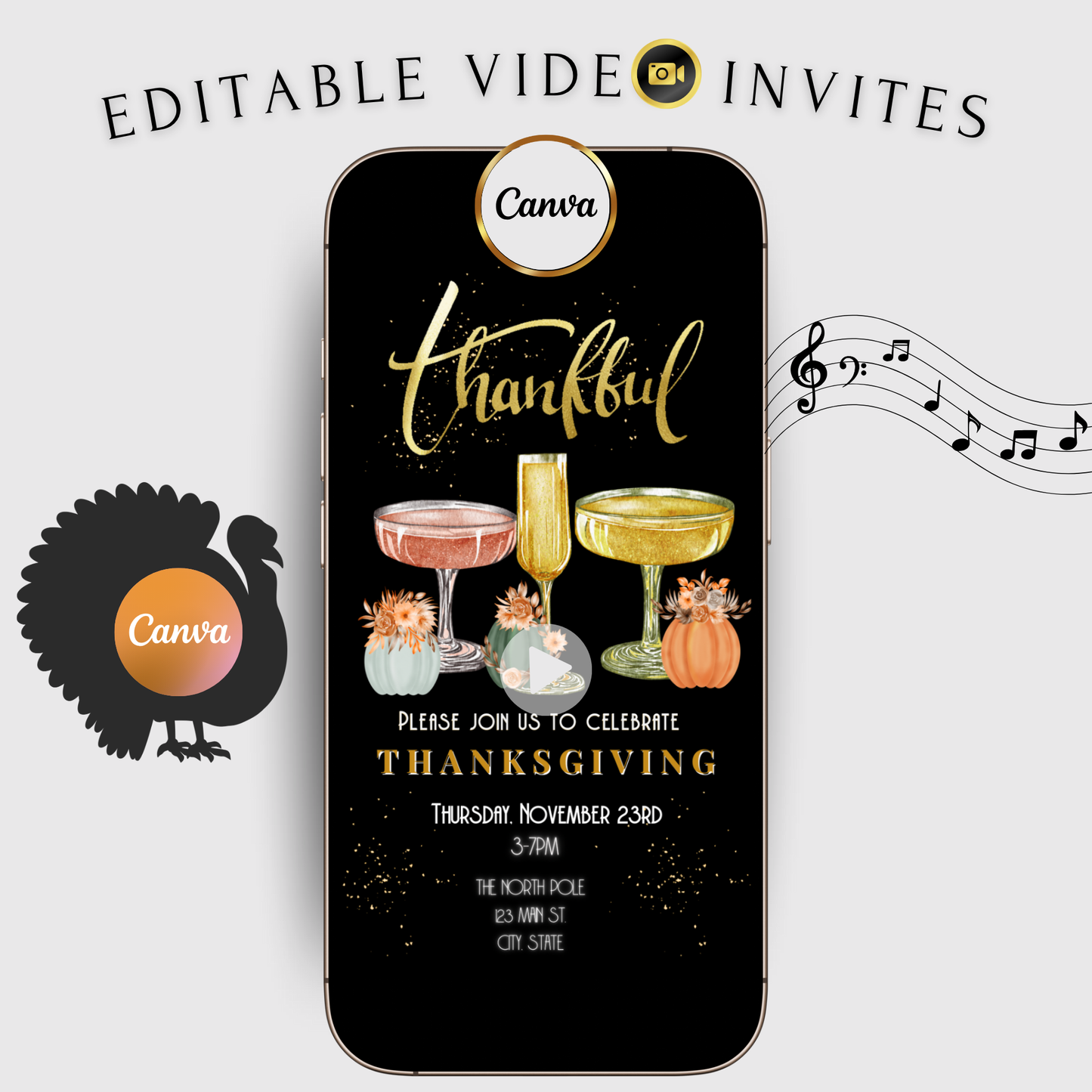 Editable Thanksgiving Video Invitation – Be Thankful Friendsgiving Dinner Digital Evite with Music