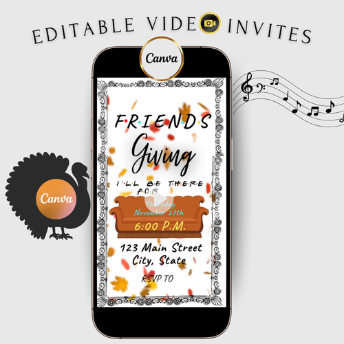 Thanksgiving Video Invitation | Animated Friendsgiving Digital Evite | Editable Canva Invite Template