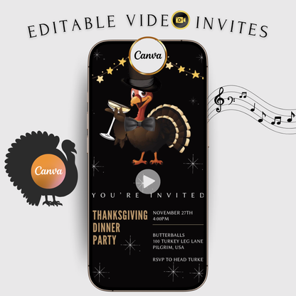 Editable Thanksgiving Video Invitation – Singing Turkey Friendsgiving Dinner Digital Evite with Music