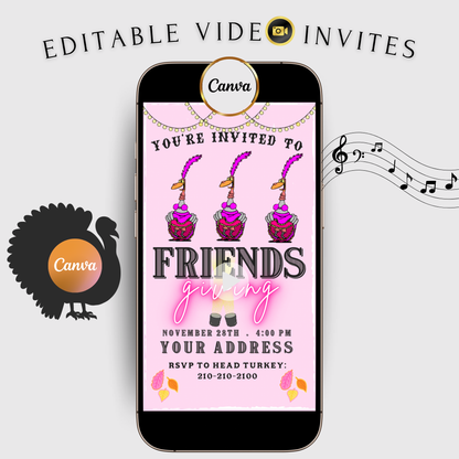 Editable Thanksgiving Video Invitation – Funny Can can Dancing Turkey Friendsgiving Digital Evite