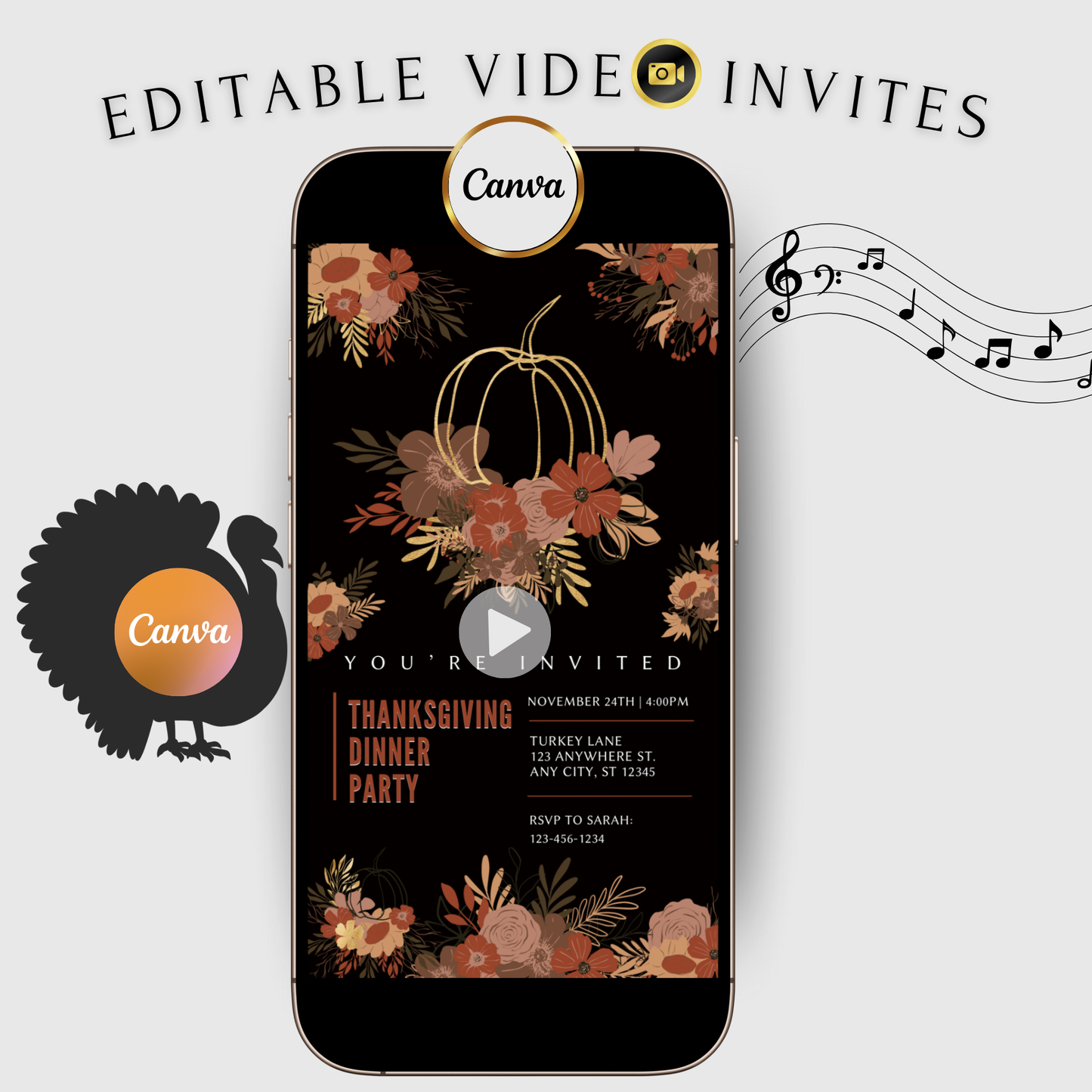 Editable Thanksgiving Video Invitation – Boho Animated Friendsgiving Digital Evite