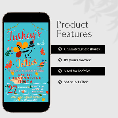 Editable Thanksgiving Video Invitation – Friendsgiving Dinner Digital Evite with Music– Turkeys and Toddies MobileEvite