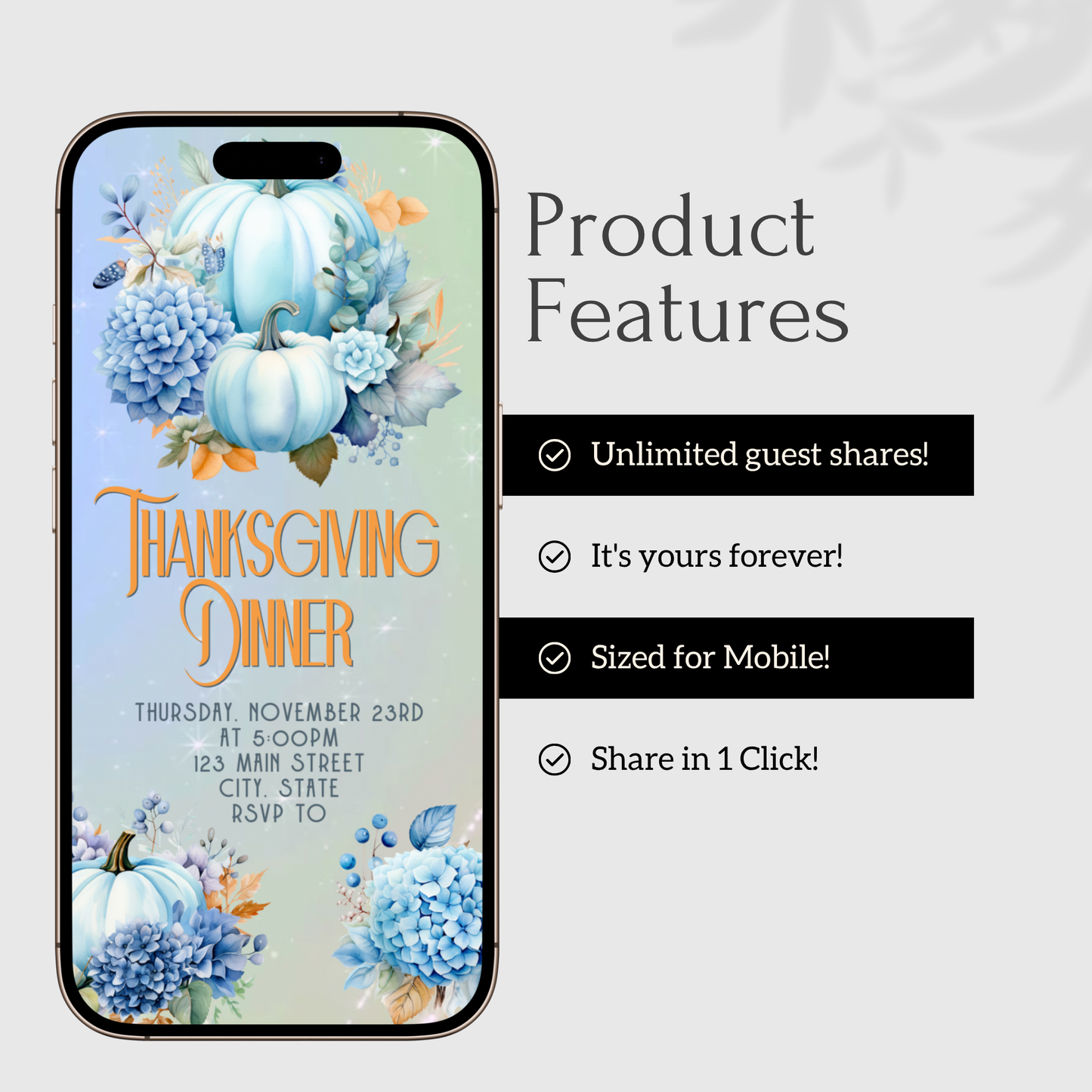 Editable Thanksgiving Video Invitation – Blue Floral Animated Friendsgiving Digital Evite
