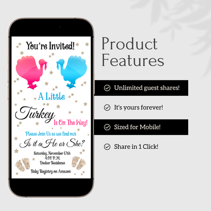 Gender Reveal Thanksgiving Video Invitation - What will the little Turkey be evite