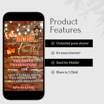 Editable Thanksgiving Video Invitation – Rustic Turkey Friendsgiving Dinner Digital Evite