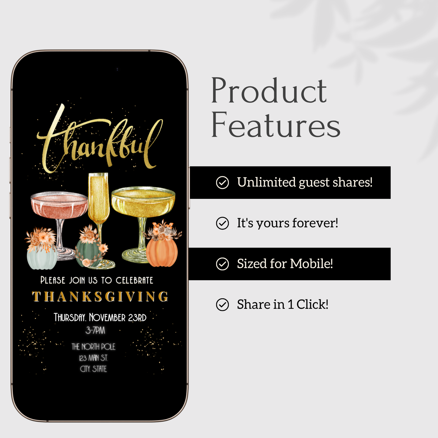 Editable Thanksgiving Video Invitation – Be Thankful Friendsgiving Dinner Digital Evite with Music