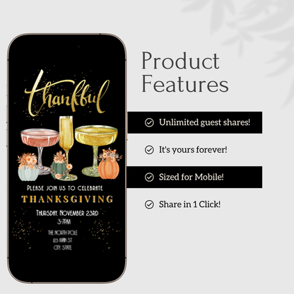 Editable Thanksgiving Video Invitation – Be Thankful Friendsgiving Dinner Digital Evite with Music