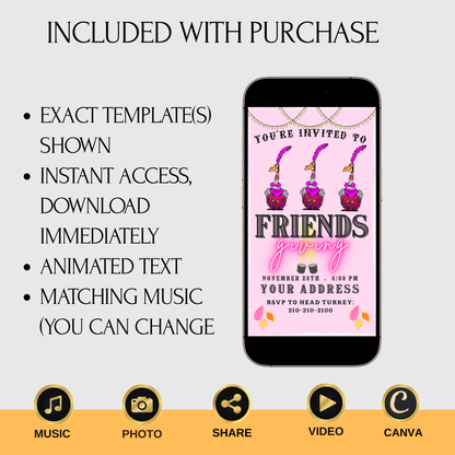 Editable Thanksgiving Video Invitation – Funny Can can Dancing Turkey Friendsgiving Digital Evite