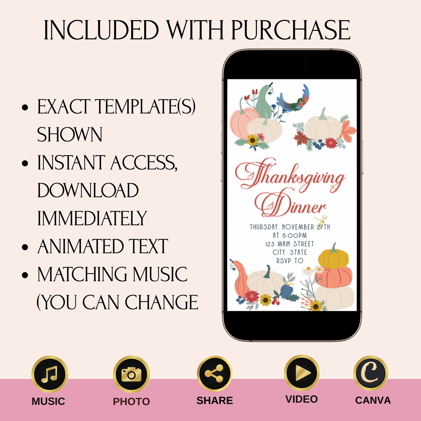 Editable Thanksgiving Video Invitation – Retro Animated Friendsgiving Digital Evite