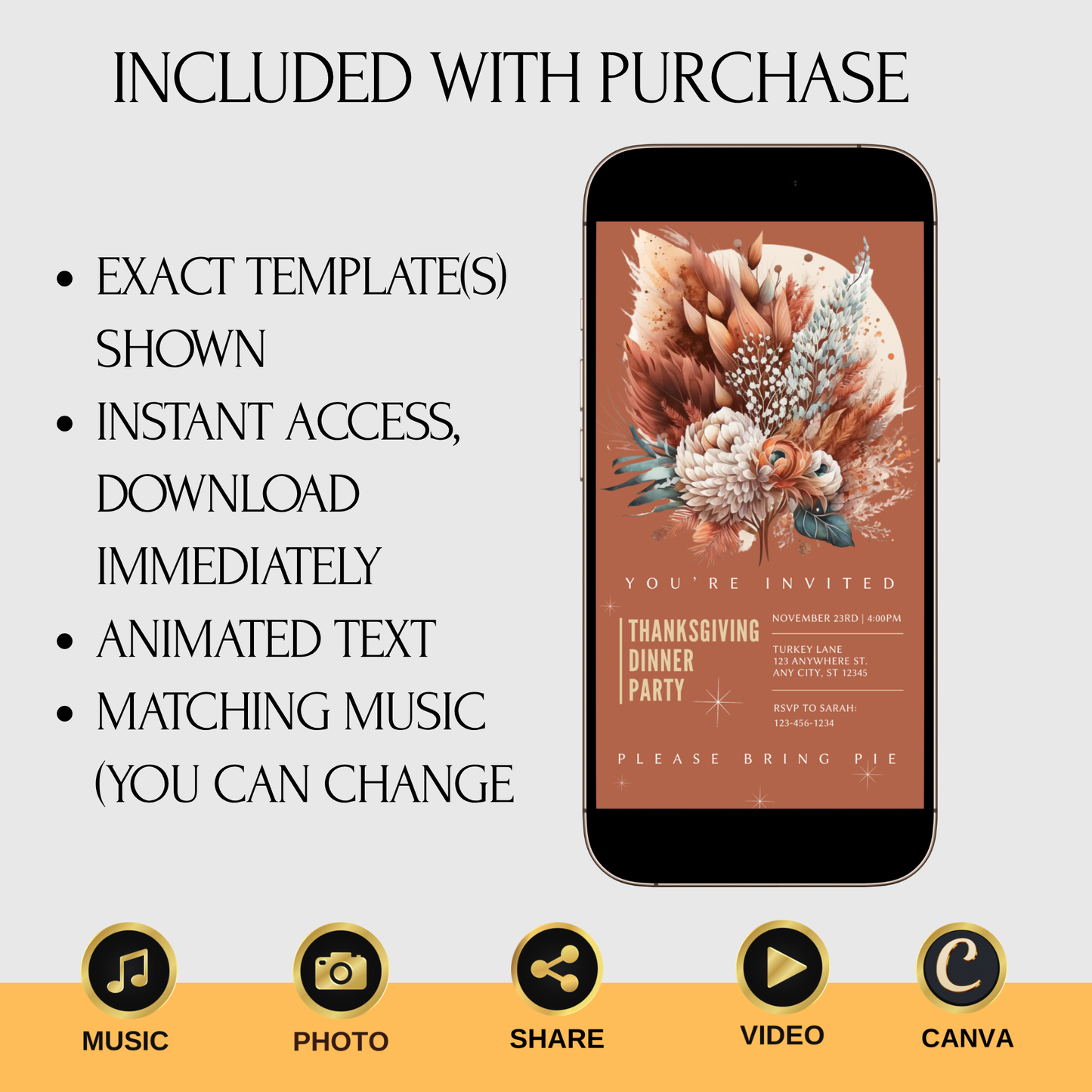 Editable Thanksgiving Video Invitation – Elegant Friendsgiving Dinner Digital Evite with Music