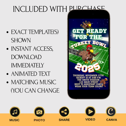 Editable Thanksgiving Football Video Invitation – Turkey Bowl Football Digital Evite