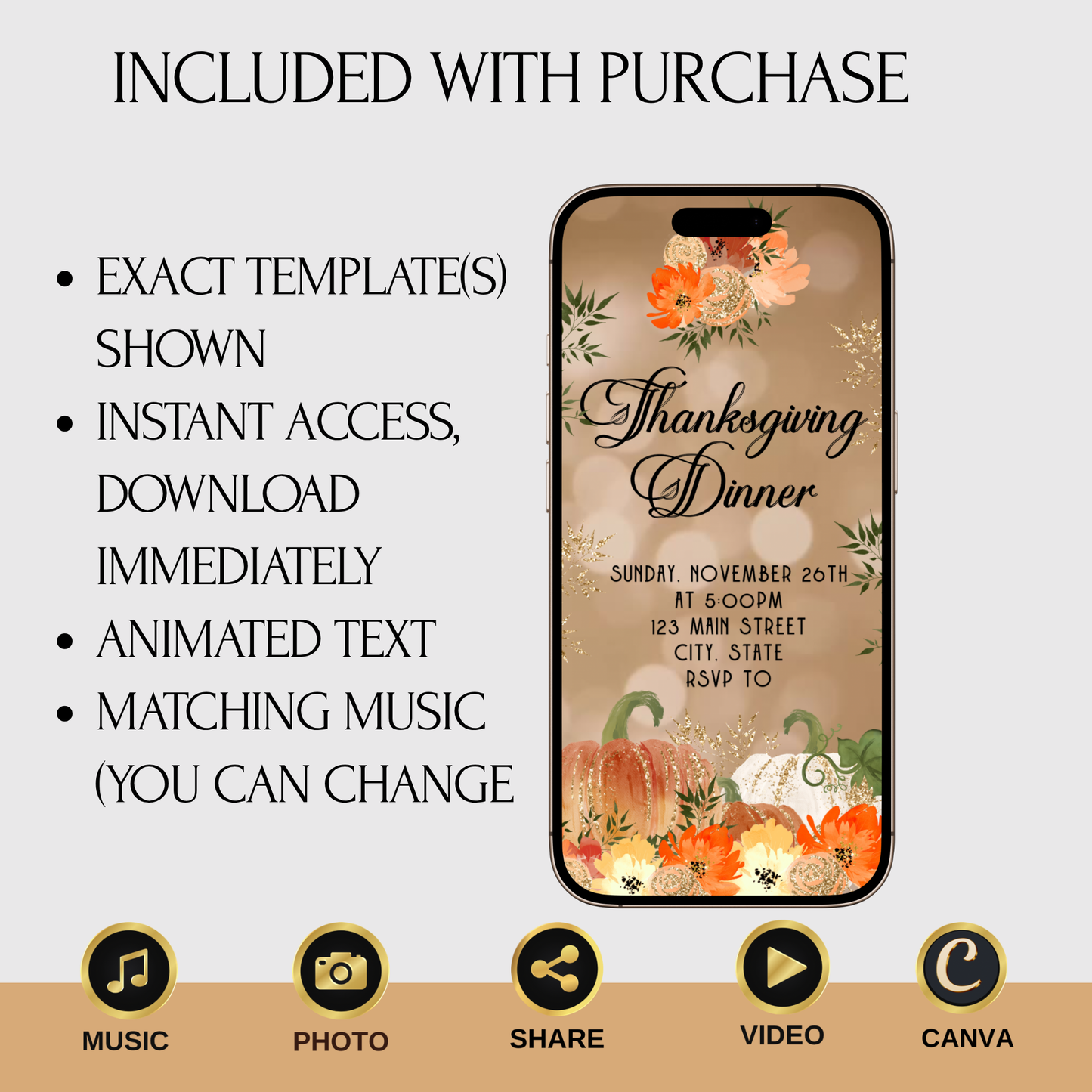 Editable Thanksgiving Video Invitation – Fall Gold Bokeh Evite - Animated Friendsgiving Digital Evite