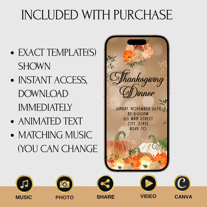 Editable Thanksgiving Video Invitation – Fall Gold Bokeh Evite - Animated Friendsgiving Digital Evite
