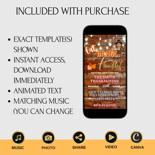 Editable Thanksgiving Video Invitation – Rustic Turkey Friendsgiving Dinner Digital Evite