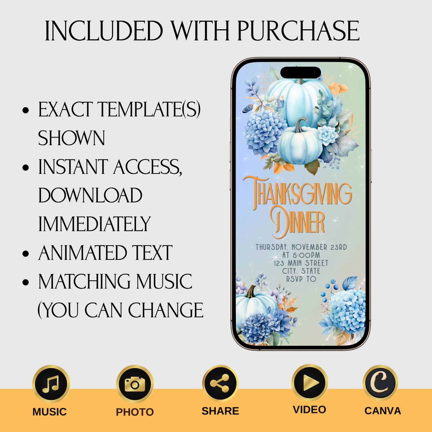 Editable Thanksgiving Video Invitation – Blue Floral Animated Friendsgiving Digital Evite