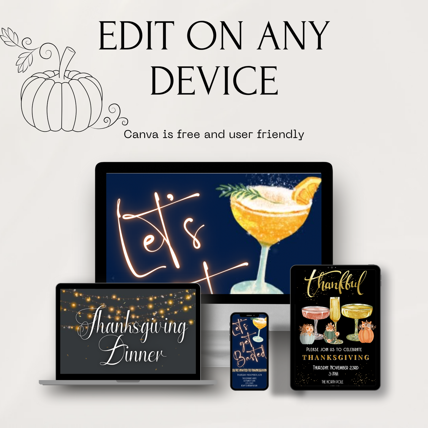 Editable Thanksgiving Video Invitation – Be Thankful Friendsgiving Dinner Digital Evite with Music