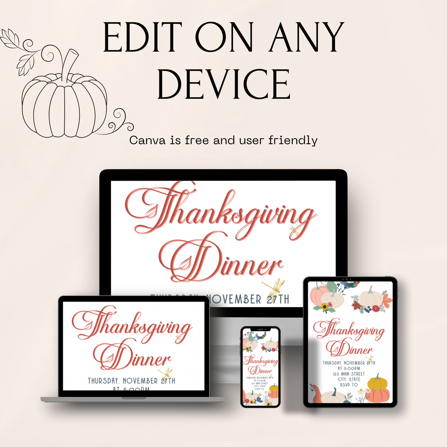 Editable Thanksgiving Video Invitation – Retro Animated Friendsgiving Digital Evite