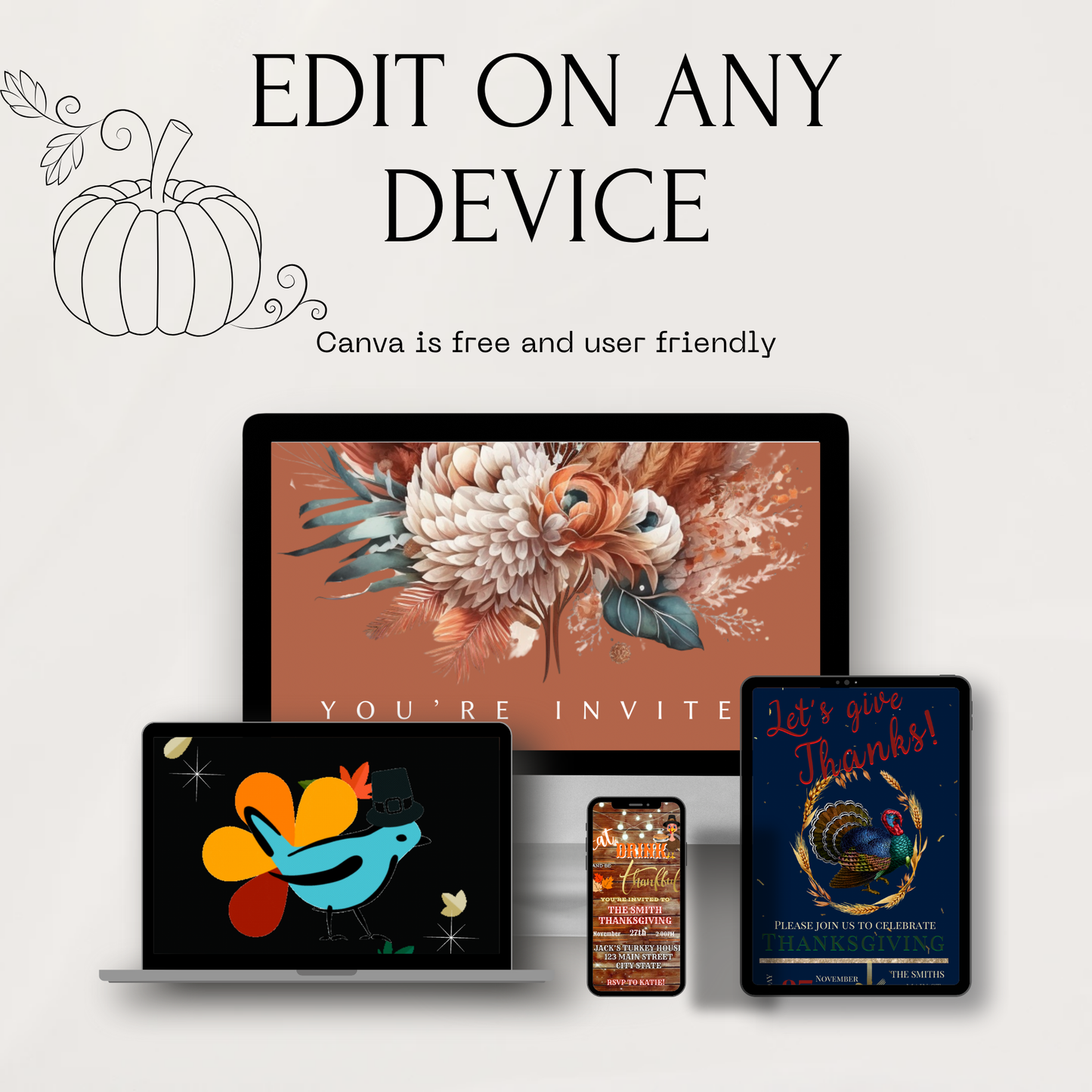 Editable Thanksgiving Video Invitation – Elegant Friendsgiving Dinner Digital Evite with Music