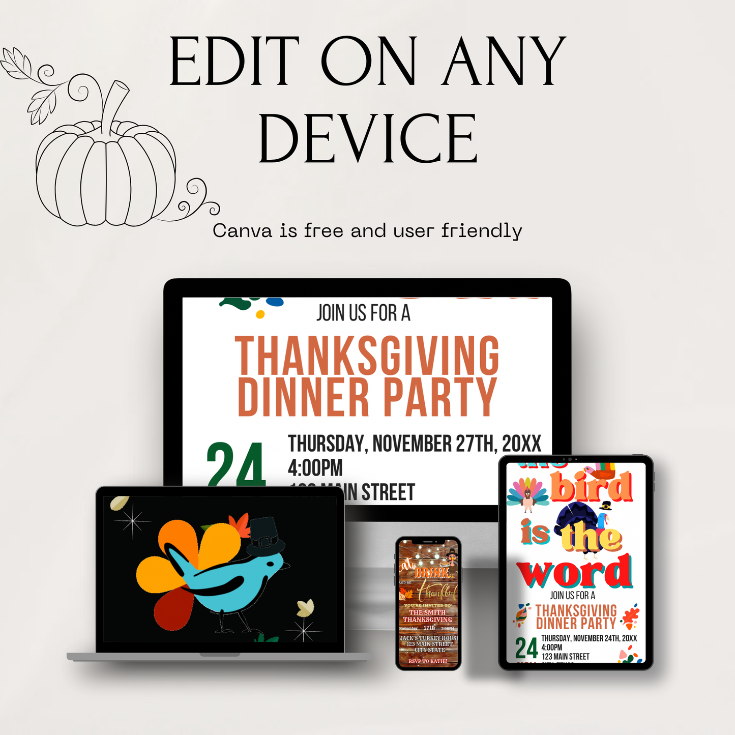Editable Thanksgiving Video Invitation – Friendsgiving Digital Evite - Bird is the word