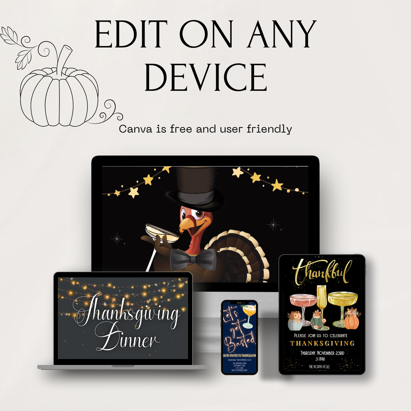 Editable Thanksgiving Video Invitation – Singing Turkey Friendsgiving Dinner Digital Evite with Music