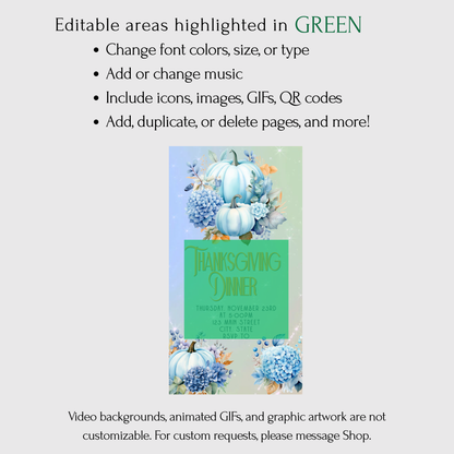 Editable Thanksgiving Video Invitation – Blue Floral Animated Friendsgiving Digital Evite