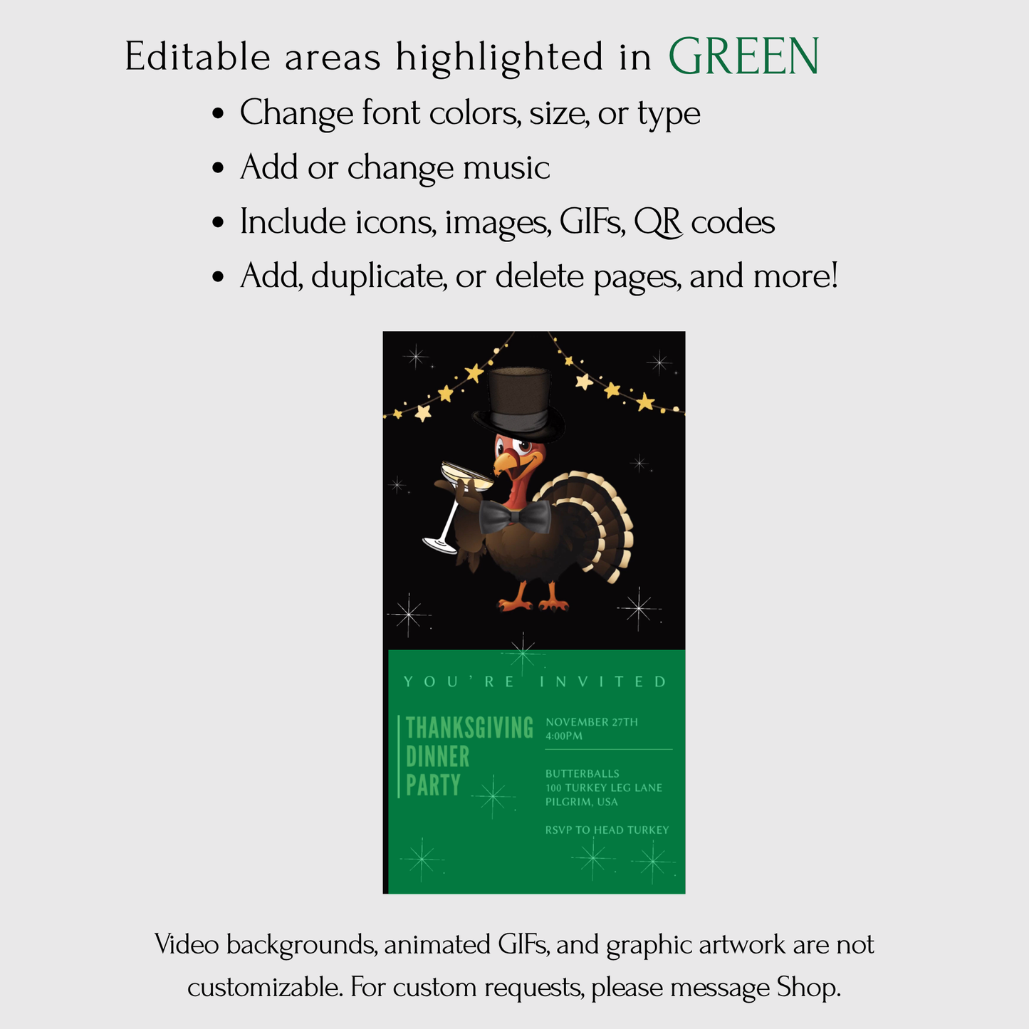 Editable Thanksgiving Video Invitation – Singing Turkey Friendsgiving Dinner Digital Evite with Music