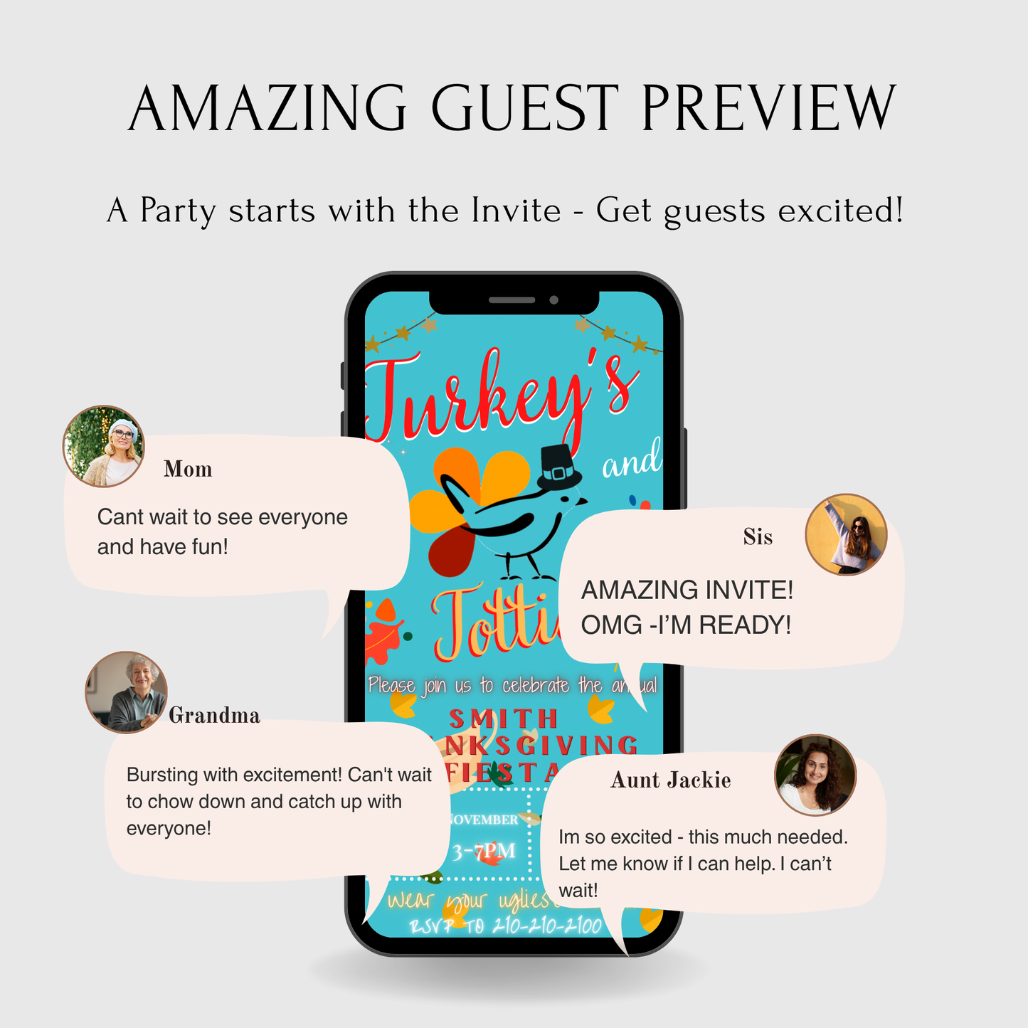Editable Thanksgiving Video Invitation – Friendsgiving Dinner Digital Evite with Music– Turkeys and Toddies MobileEvite