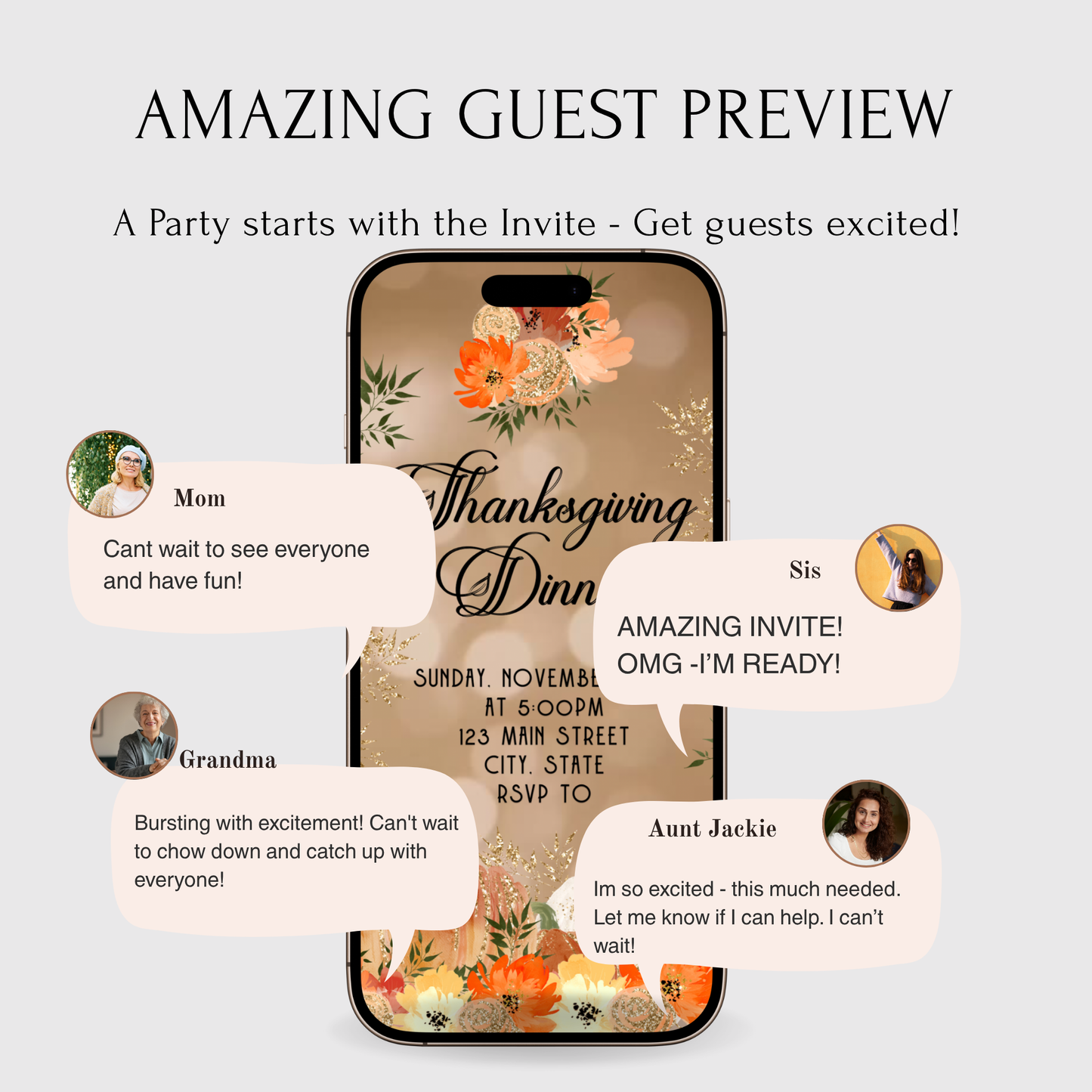 Editable Thanksgiving Video Invitation – Fall Gold Bokeh Evite - Animated Friendsgiving Digital Evite
