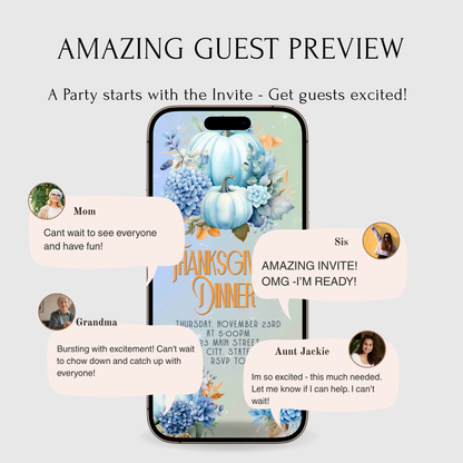 Editable Thanksgiving Video Invitation – Blue Floral Animated Friendsgiving Digital Evite