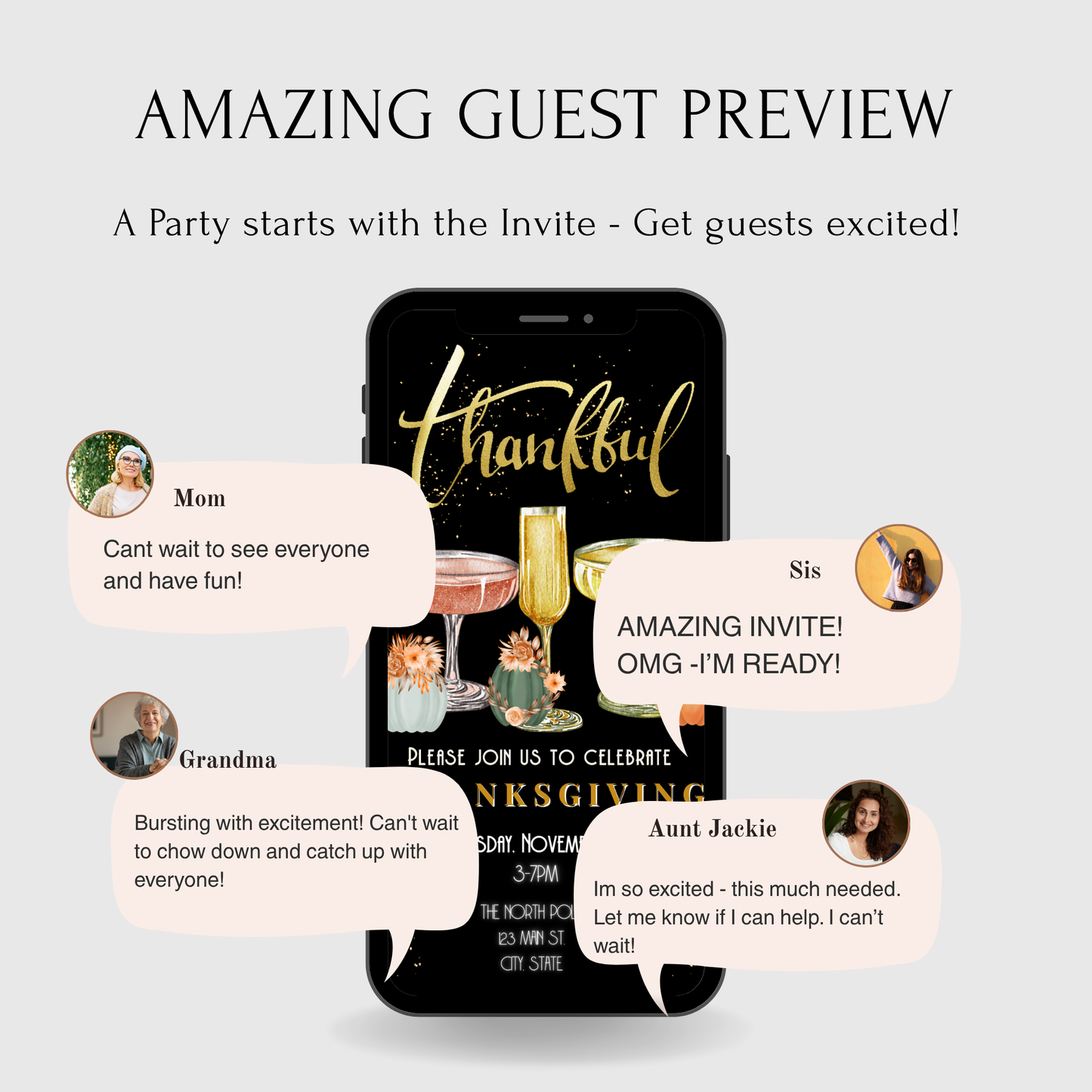 Editable Thanksgiving Video Invitation – Be Thankful Friendsgiving Dinner Digital Evite with Music