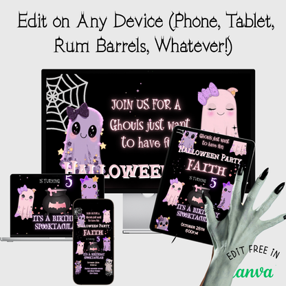 Cute Ghost Halloween Video Invitation | Pink Ghost Animated Editable Halloween Party Mobile Evite