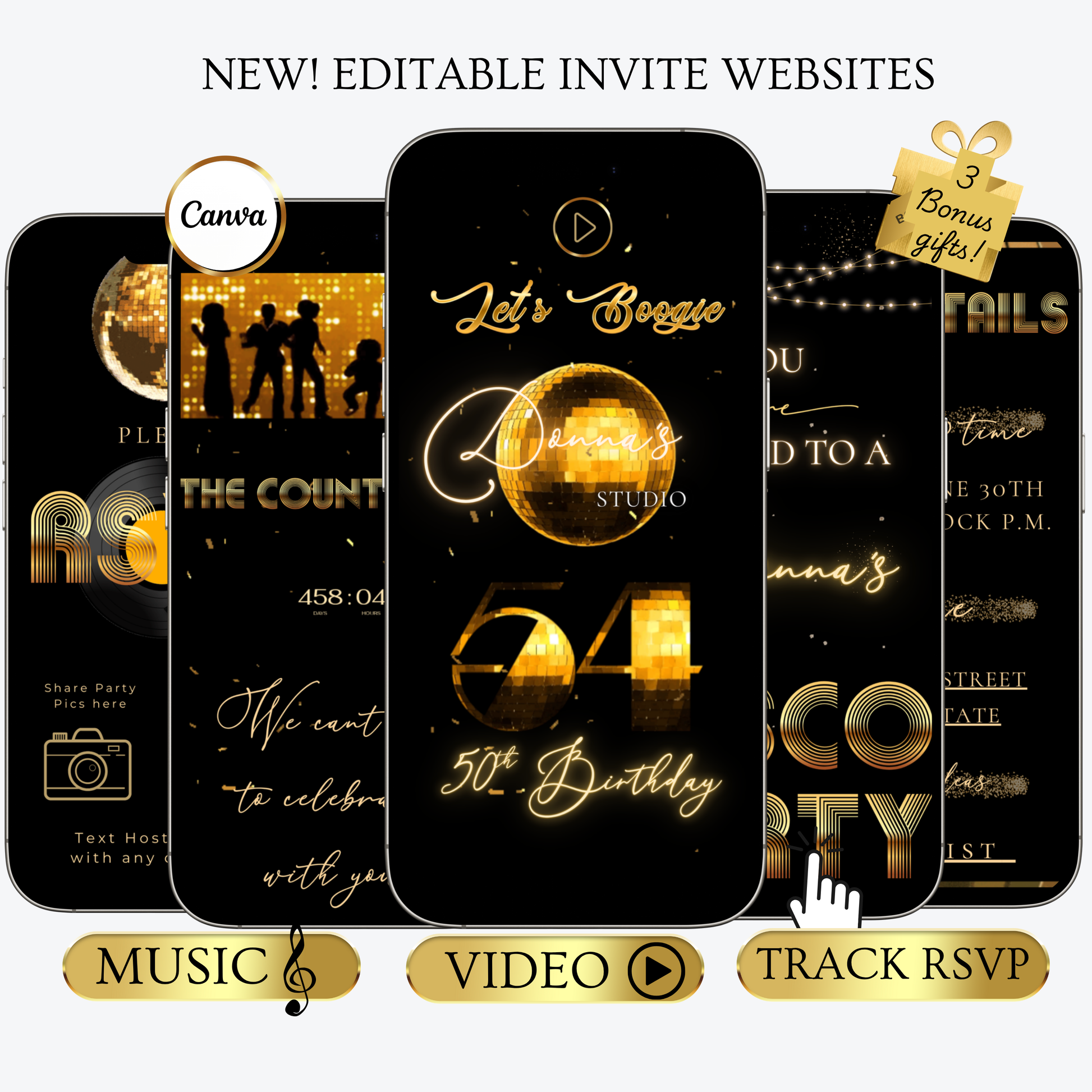 Studio 54 Disco Party Editable Video Invitation and RSVP Website Template — glamorous gold and black design with glittering disco balls, countdown timer, and RSVP tracker. Fully editable in Canva, perfect for milestone birthdays, 70s disco nights, or glam celebrations. Add your name, date, and venue for an unforgettable invite experience with music, video, and instant RSVP tracking. Share easily via text, email, or social media.