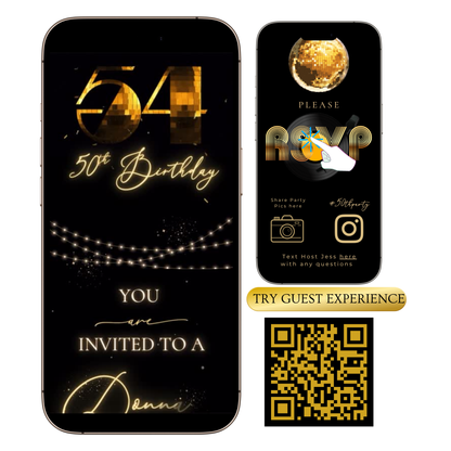 Studio 54 Disco Party Editable Video Invitation and RSVP Website Template — glamorous gold and black design with glittering disco balls, countdown timer, and RSVP tracker. Fully editable in Canva, perfect for milestone birthdays, 70s disco nights, or glam celebrations. Add your name, date, and venue for an unforgettable invite experience with music, video, and instant RSVP tracking. Share easily via text, email, or social media.
