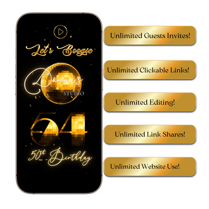 Studio 54 Disco Party Editable Video Invitation and RSVP Website Template — glamorous gold and black design with glittering disco balls, countdown timer, and RSVP tracker. Fully editable in Canva, perfect for milestone birthdays, 70s disco nights, or glam celebrations. Add your name, date, and venue for an unforgettable invite experience with music, video, and instant RSVP tracking. Share easily via text, email, or social media.