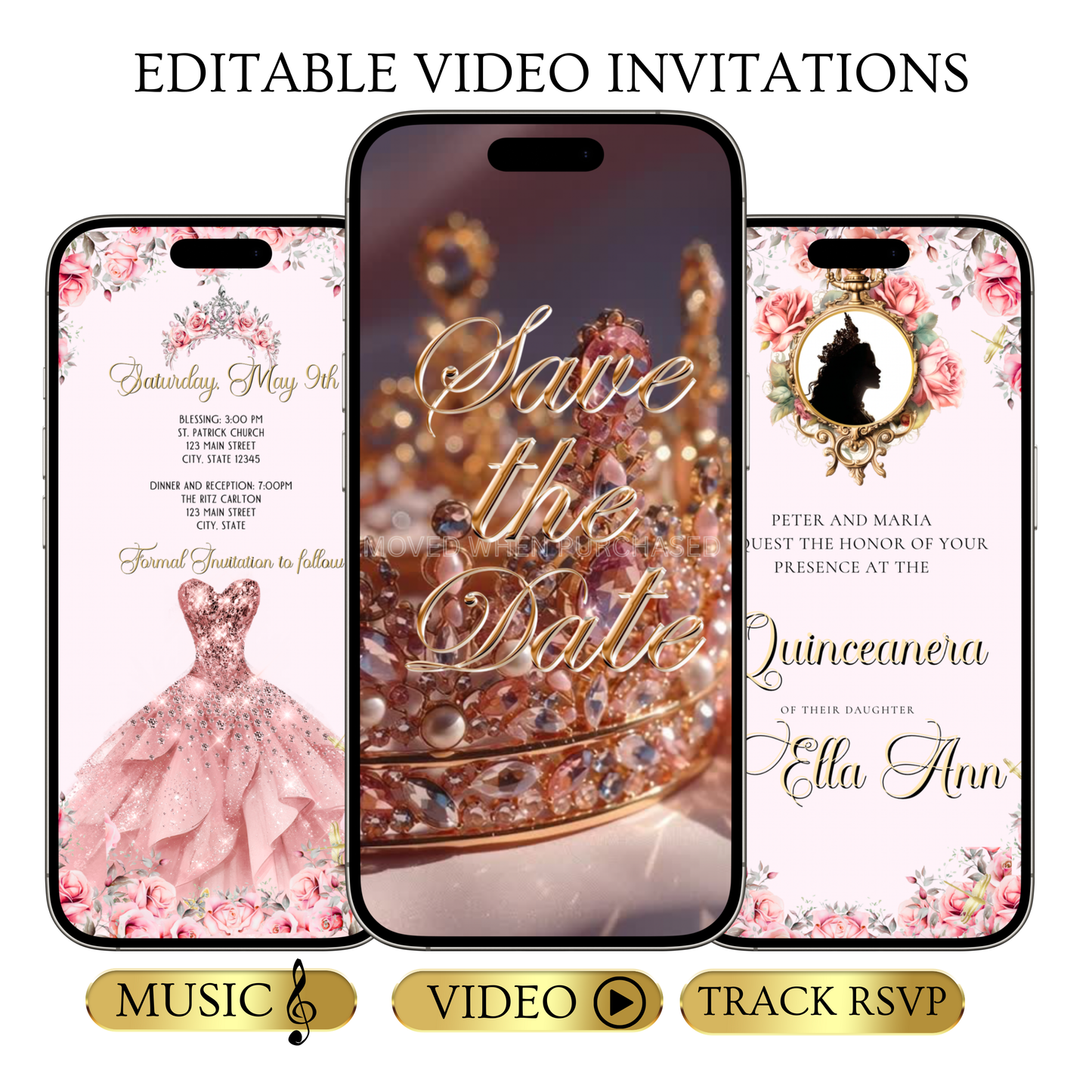 Pink Quinceanera Video Invite | Gold Sweet 15 16 Princess Invite | Editable Canva Evite Template
