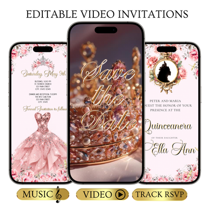 Pink Quinceanera Video Invite | Gold Sweet 15 16 Princess Invite | Editable Canva Evite Template