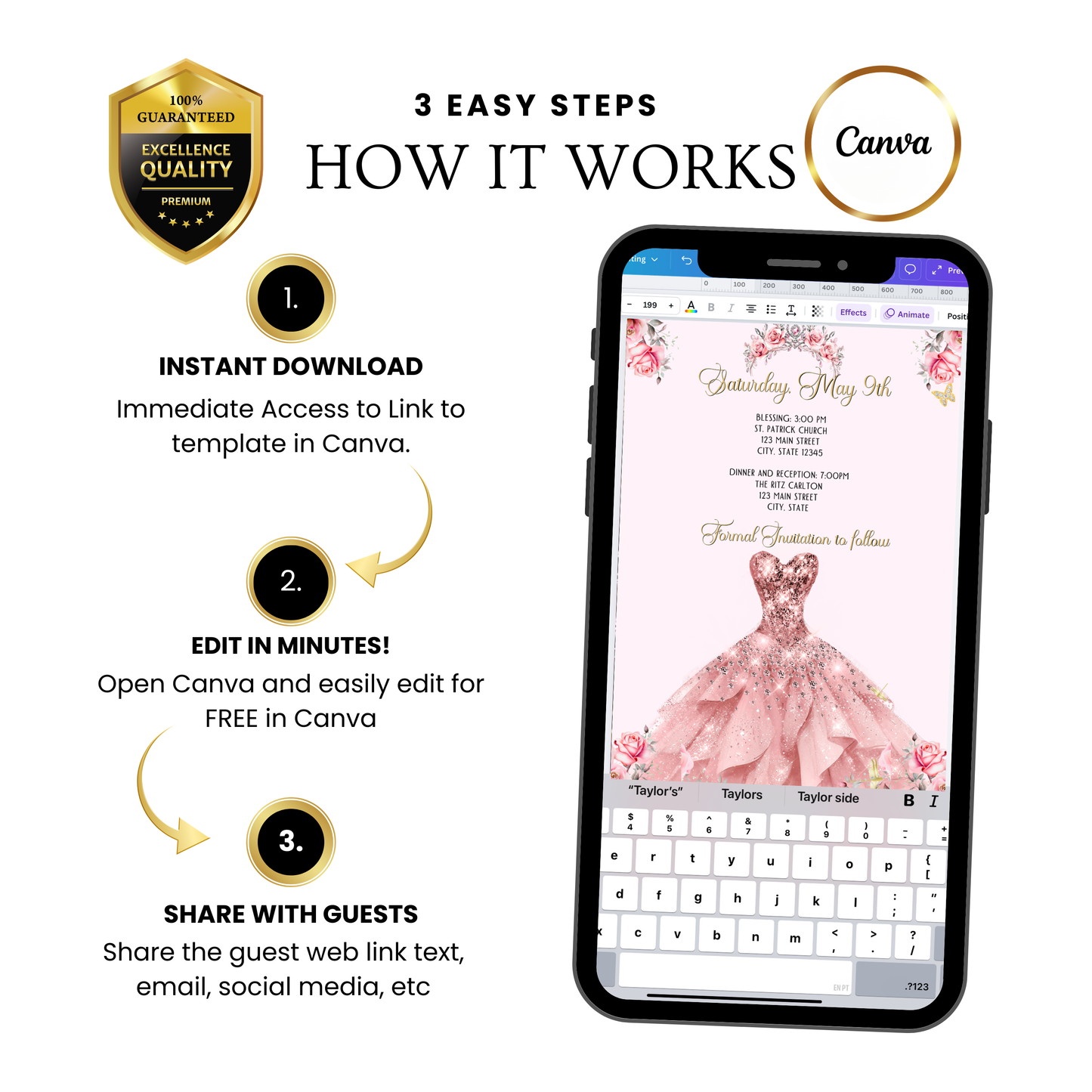 Pink Quinceanera Video Invite | Gold Sweet 15 16 Princess Invite | Editable Canva Evite Template