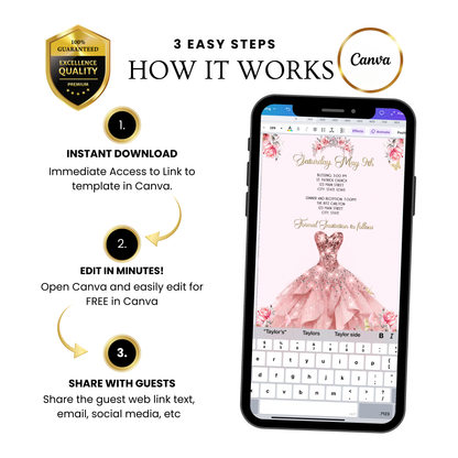 Pink Quinceanera Video Invite | Gold Sweet 15 16 Princess Invite | Editable Canva Evite Template