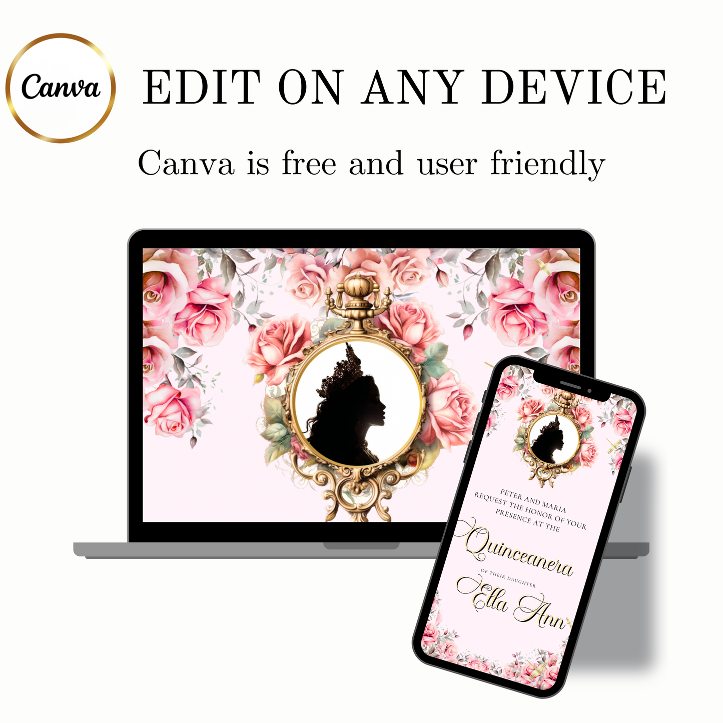 Pink Quinceanera Video Invite | Gold Sweet 15 16 Princess Invite | Editable Canva Evite Template