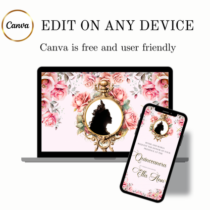 Pink Quinceanera Video Invite | Gold Sweet 15 16 Princess Invite | Editable Canva Evite Template