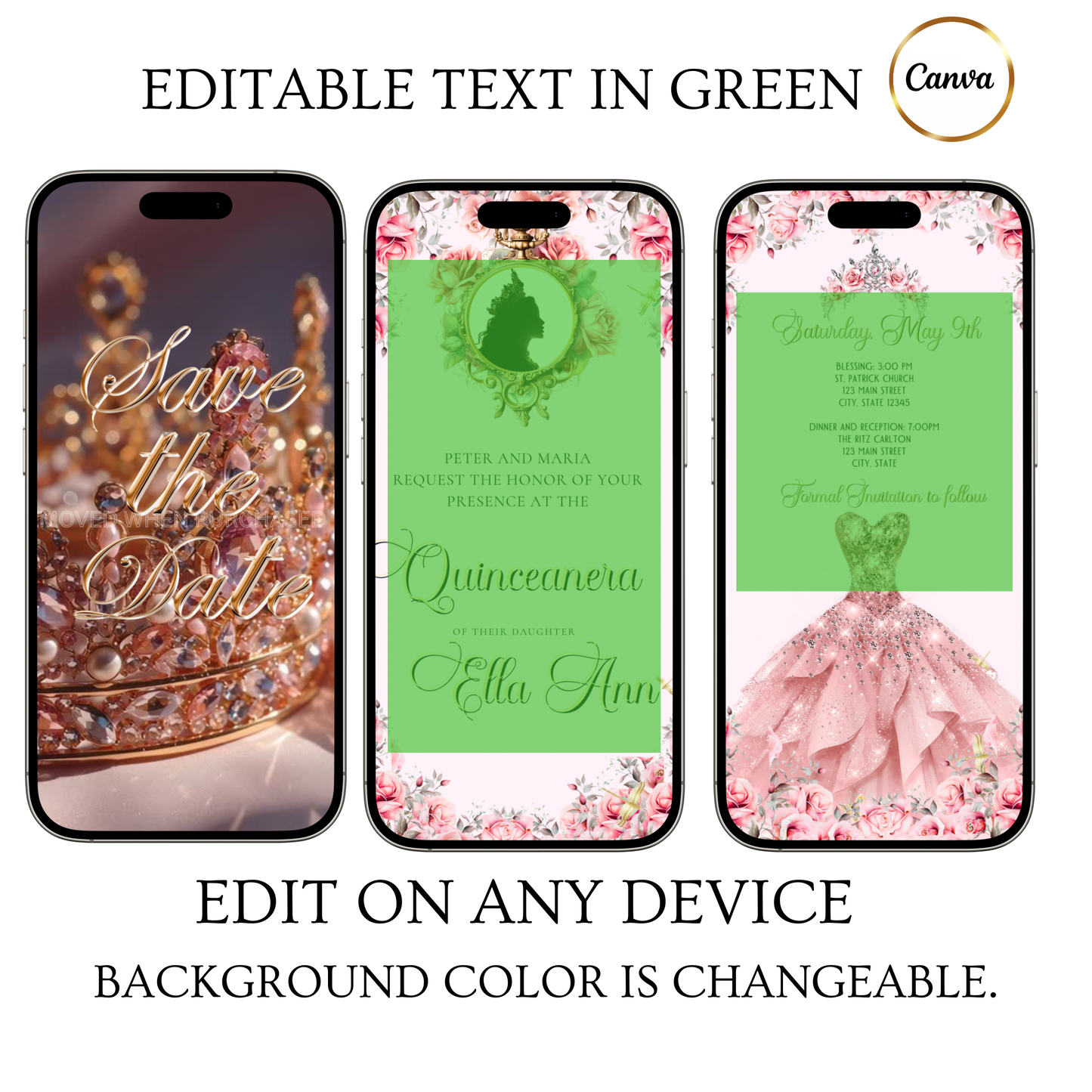 Pink Quinceanera Video Invite | Gold Sweet 15 16 Princess Invite | Editable Canva Evite Template